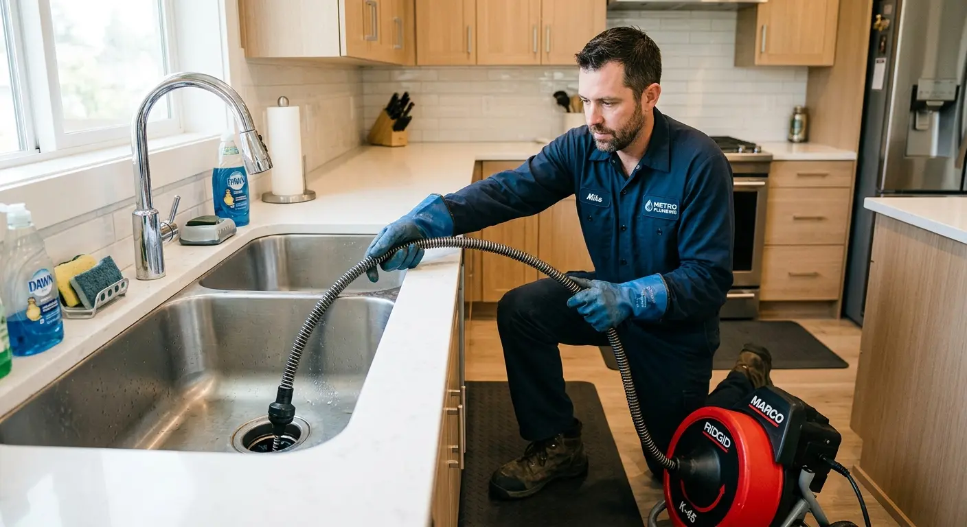 Drain cleaning technician using a motorized snake on a kitchen sink in Cottleville