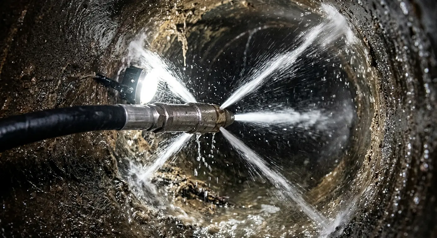 High-pressure hydro jetting nozzle cleaning sewer pipe for Trenchless Sewer Repair in Cottleville