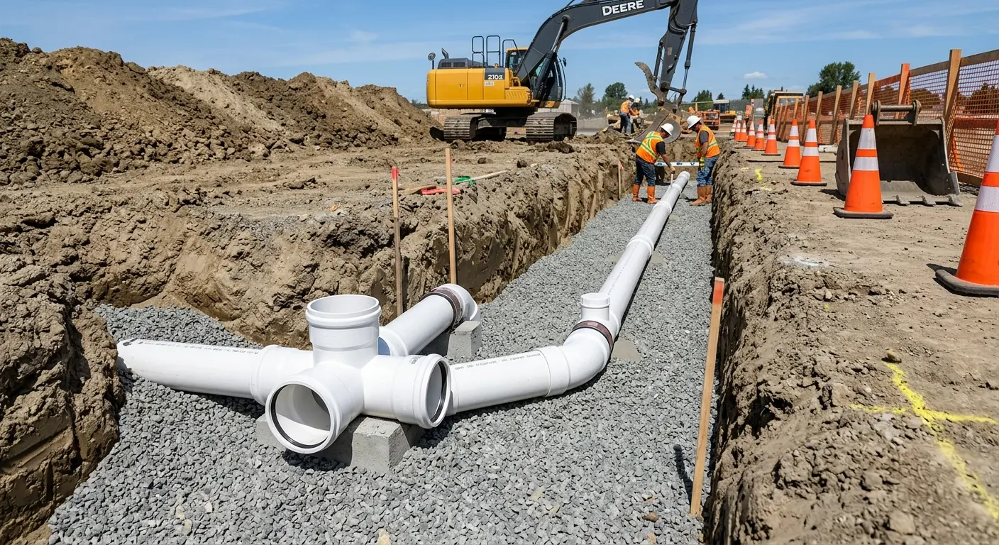 New PVC sewer pipe installation in open trench for Commercial Drain Cleaning in Cottleville
